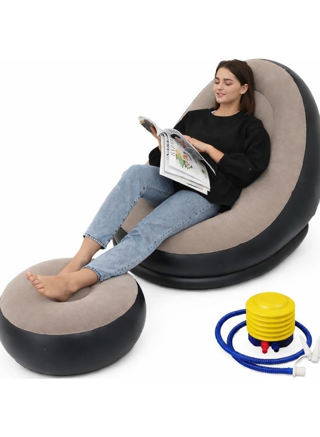 Inflatable Sofa Chair with Ottoman – Comfortable Air Lounge Chair with Footrest | Portable Flocking PVC Recliner Seat for Indoor, Outdoor, Camping & Relaxation - Image 2